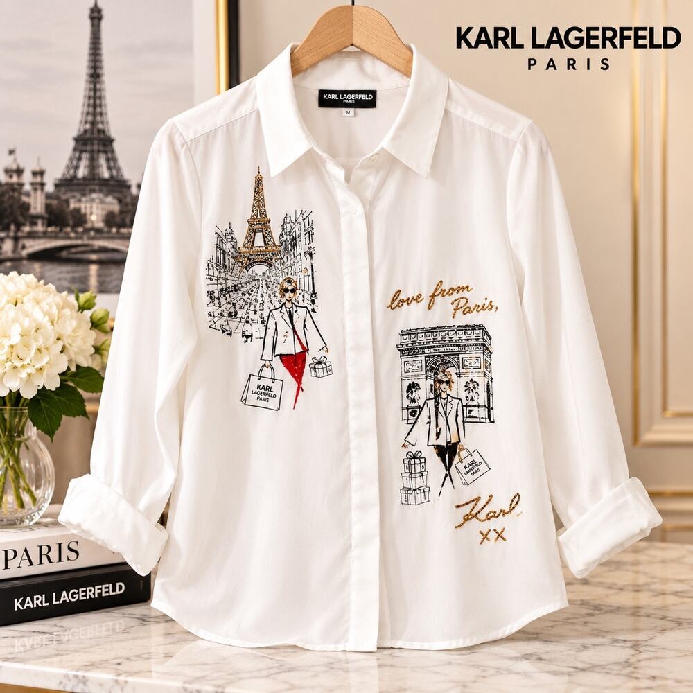 Karl Lagerfeld Paris Medium White Eiffel Tower Paris Graphic Blouse Embroidered